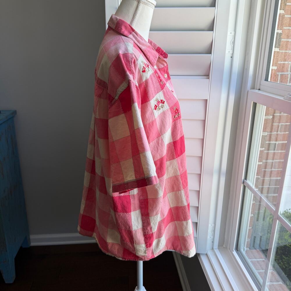 Vintage MAGGIE MAX Top Pink Plaid Button Front Cotton Embroidery Womens 3X - Picture 4 of 10